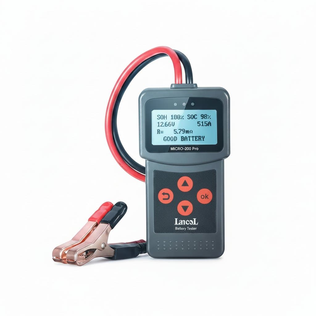 The Lancol Micro-200 Pro 12V Digital Car Battery Tester, an advanced diagnostic tool for various battery types, clearly visible on a workbench.