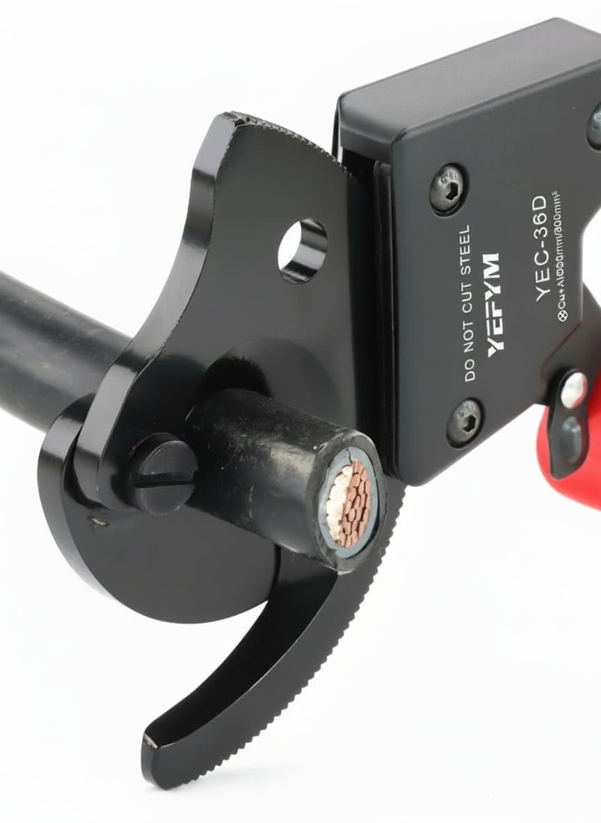 Heavy duty insulated ratcheting cable cutters for copper and aluminum cables up to 240mm², with ergonomic yellow and black handles.