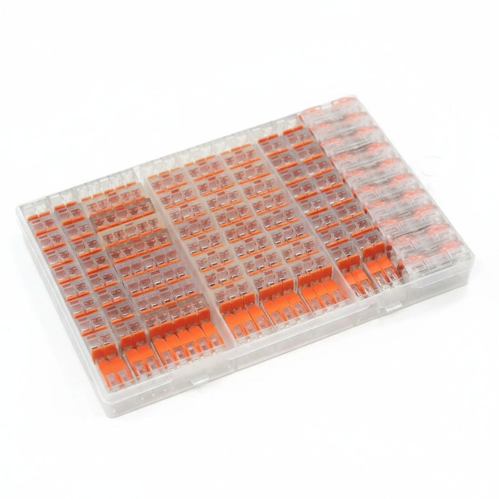 100-piece box of electrical lever wire connectors, also known as push-in terminal blocks, for quick and secure lighting and cable connections.