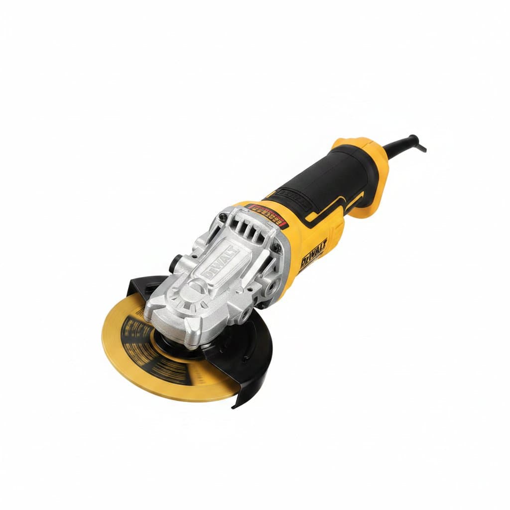 DEWALT DCG405FN 18V cordless angle grinder with brushless motor, 125mm cutting disc, and rubberized grip.
