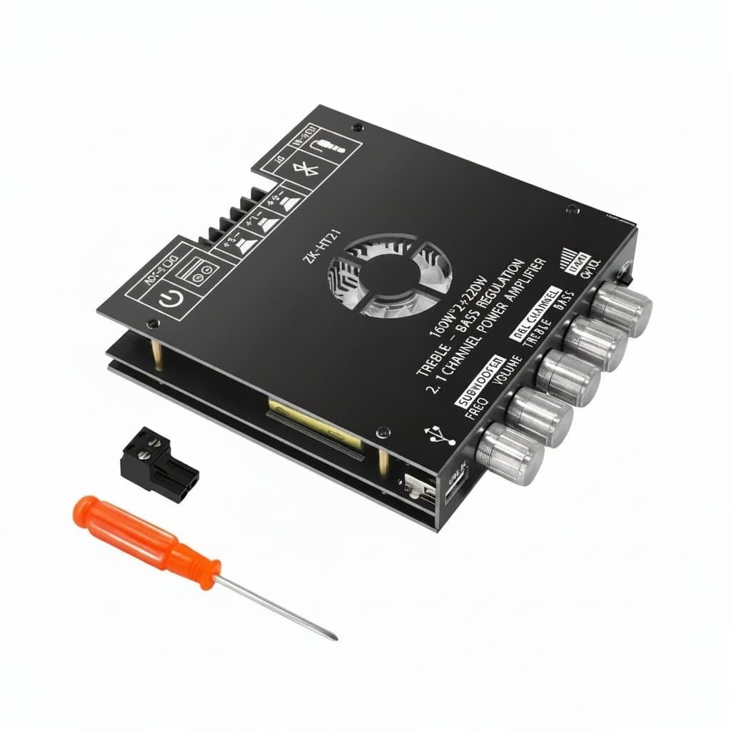 Hilink HLK-5M12 compact AC to DC power module converting 220V to 12V, showing its small size and terminal blocks.