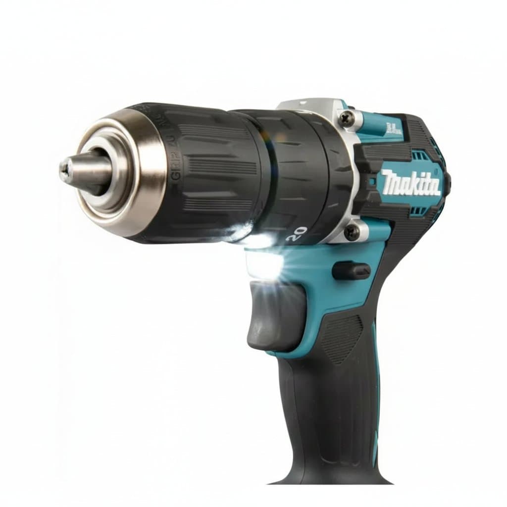 Makita DHP487 cordless impact drill with brushless motor, shown in kit case with battery, charger, and bits.
