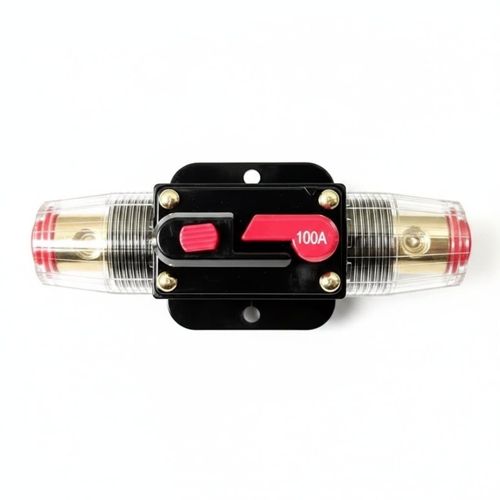 Resettable DC circuit breaker for car audio systems, available in 20A to 150A ratings for 12V or 24V truck and vehicle electrical protection.