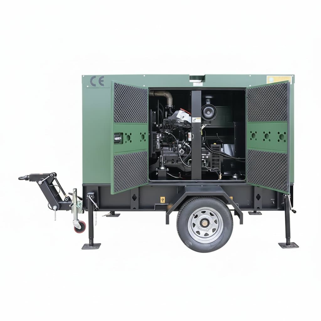 Heavy-duty trailer-mounted diesel generator set with power outputs of 40kva, 50kva, 60kva, and 70kva for industrial backup power.