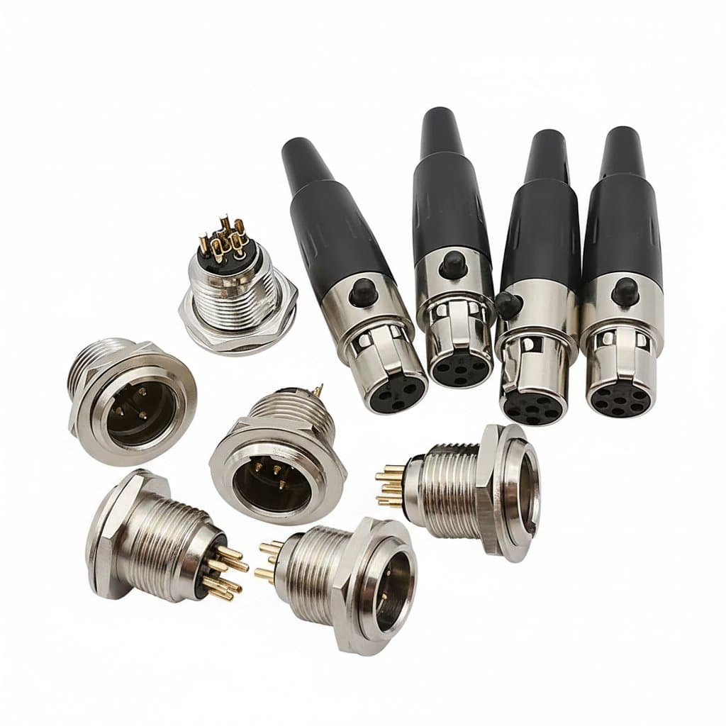 Mini XLR connector set with 3, 4, 5, and 6 pin male plugs and female panel mount sockets for professional audio microphone cables.
