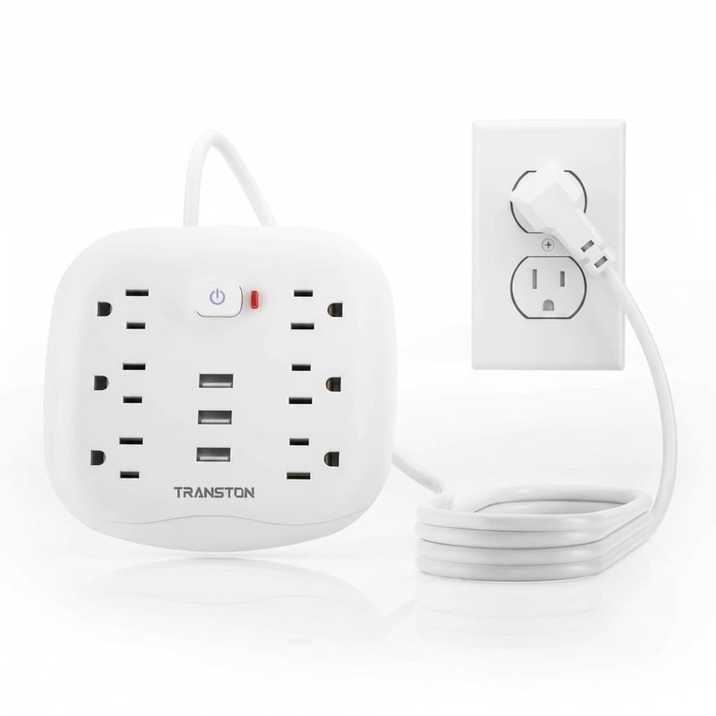 TRANSTON 6-outlet power strip with surge protector and 3 USB ports, featuring a 3.3ft extension cord, fire-resistant materials for home and office.