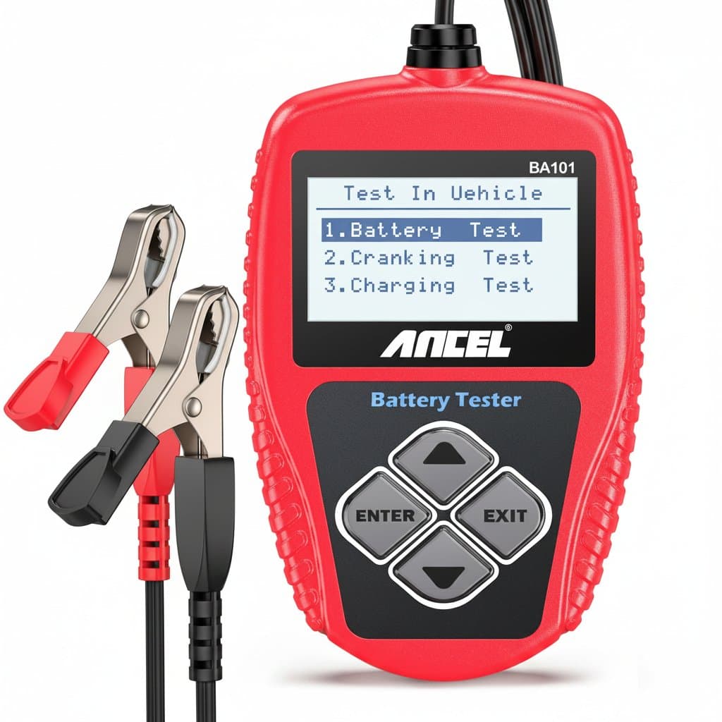 ANCEL BA101 digital car battery tester on a workbench, showing its LCD screen displaying diagnostic data for a 12V automotive battery.