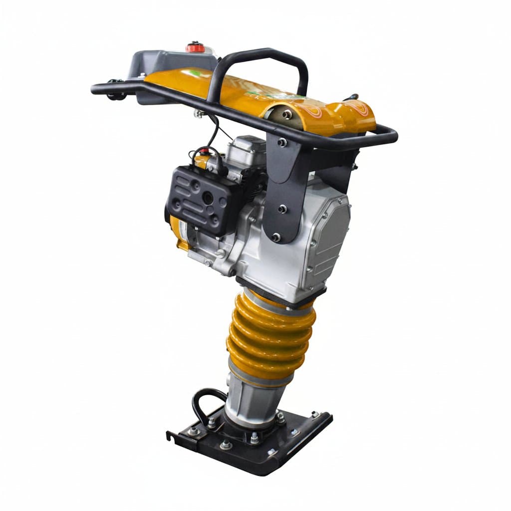 Four-stroke gasoline vibrating plate rammer compactor for compacting granular soils and asphalt in construction applications.