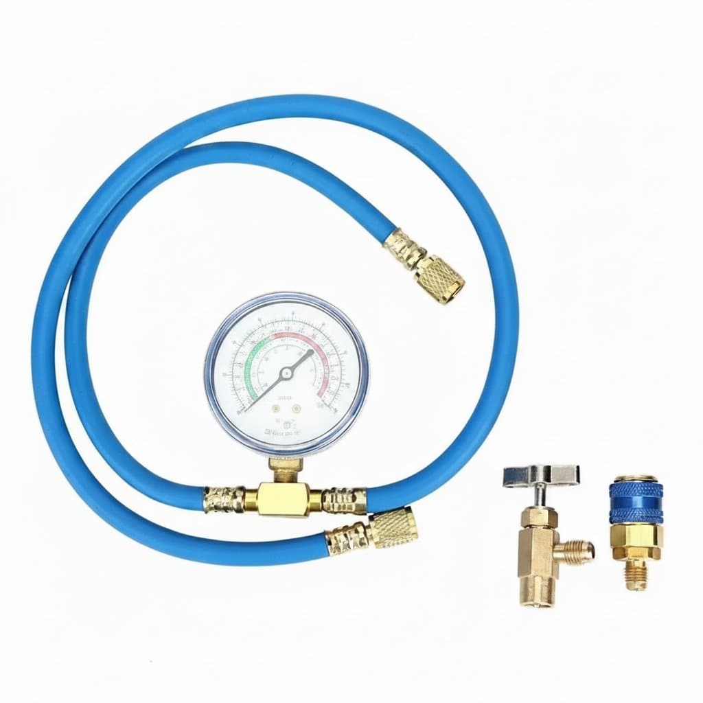R134A refrigerant charging hose with an integrated gauge, a key tool for any car ac recharge kit.
