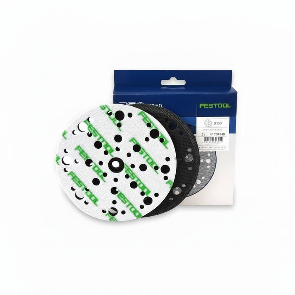 Round Festool porous cushion pad, 6-inch diameter with 48-hole pattern, made of thickened sponge for tool and surface protection.