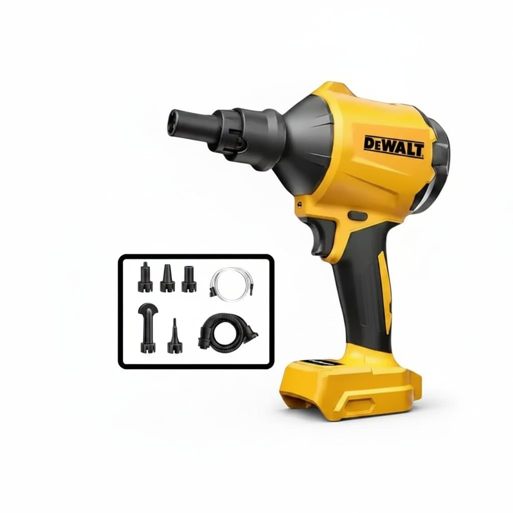 DeWalt 20V cordless air blower, a handheld brushless dusting machine and inflator for tires and toys, shown with battery compartment.