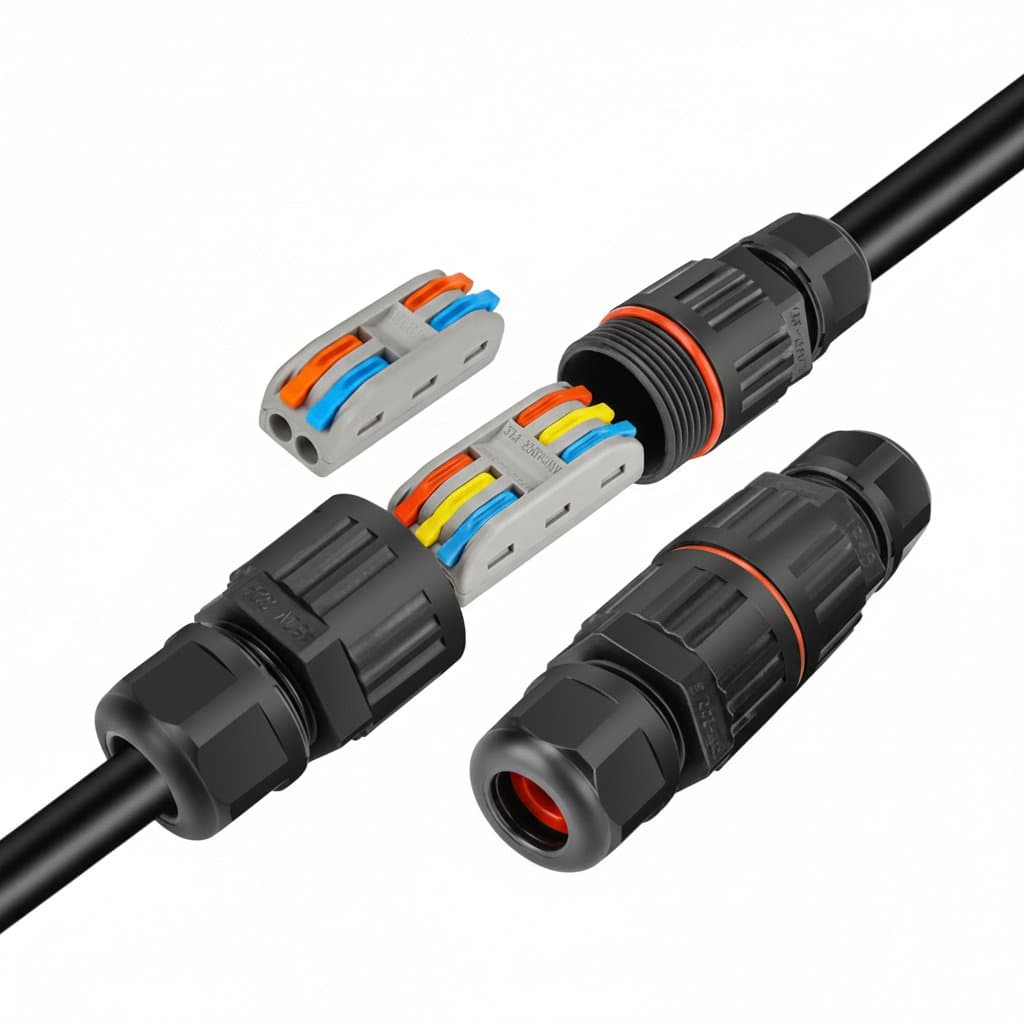 IP68 waterproof wire connectors with 2 or 3 pins for solder-less quick connections in outdoor LED lamps and wiring applications.