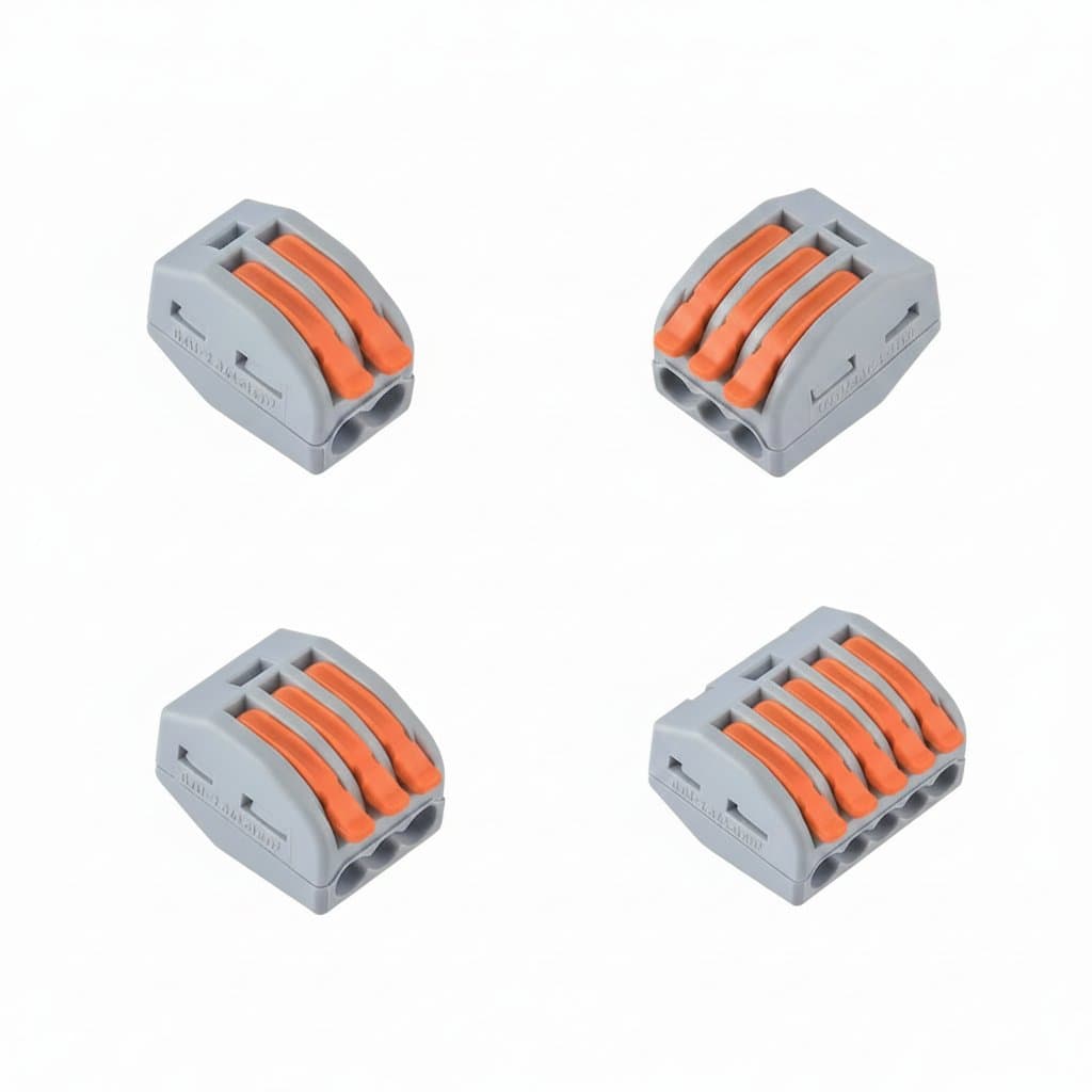 10-piece set of insulated lever wire connectors with 2, 3, 4, 5, and 8-port terminal blocks for secure electrical splicing.