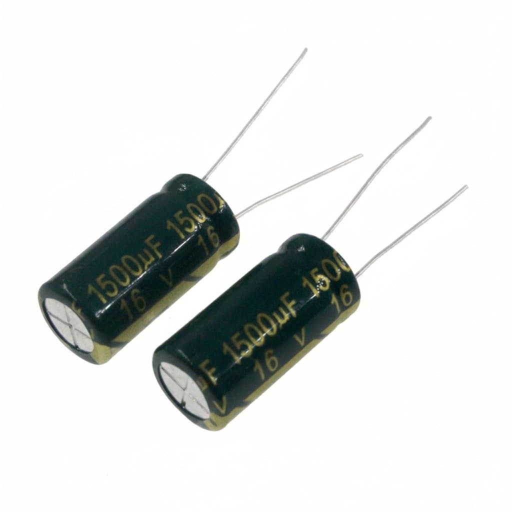 50-piece pack of 1500uF 16V radial aluminum electrolytic capacitors, showing component size and lead spacing.