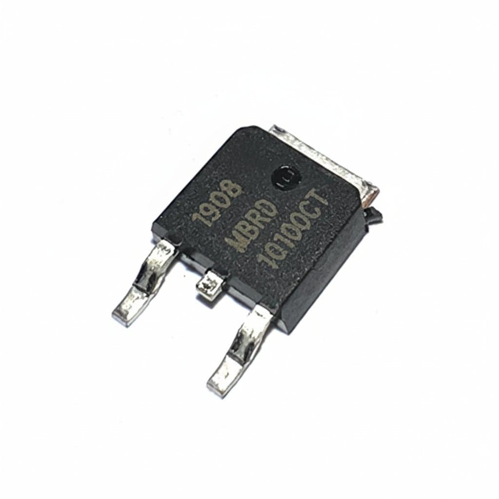 MBRD10100CT Schottky diode 10-pack, showing SMD TO-252 package with 10A 100V specifications for efficient rectification.