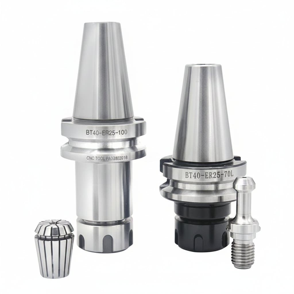 BT40 and BT50 CNC tool holder set with ER11, ER16, ER20, ER32, and ER40 collet chucks for precision machining centers.