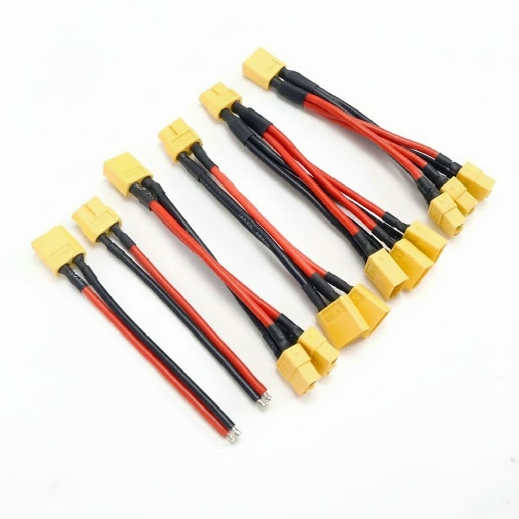 XT60 parallel battery connector cable with male and female ends, a Y splitter, and 14AWG silicone wire for RC power distribution.