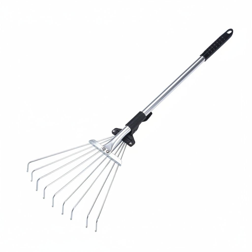 Stainless steel garden rake with 9 fan-shaped teeth and telescopic handle, designed for collecting loose leaves and debris from lawns and yards.
