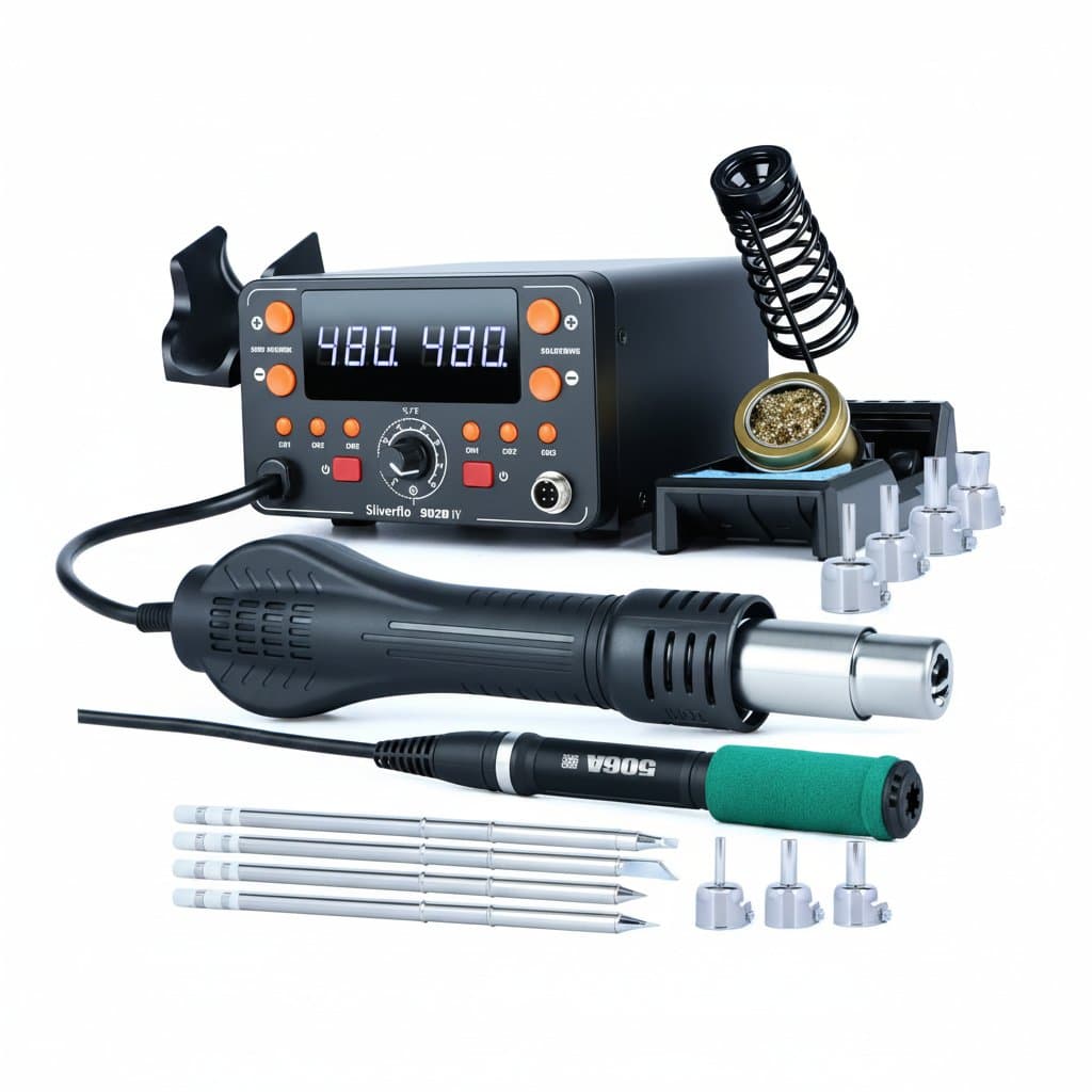 Silverflo 902D-IV 775W Soldering and Hot Air Rework Station with T12 iron, digital displays, and multiple tools for SMD repair.