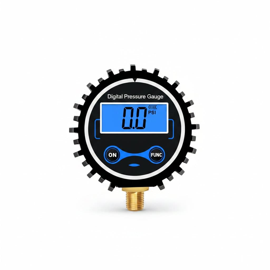 Moray ME266P digital tire pressure gauge, ideal for use with a brake bleeder kit, features an LCD for precise gas pressure readings.