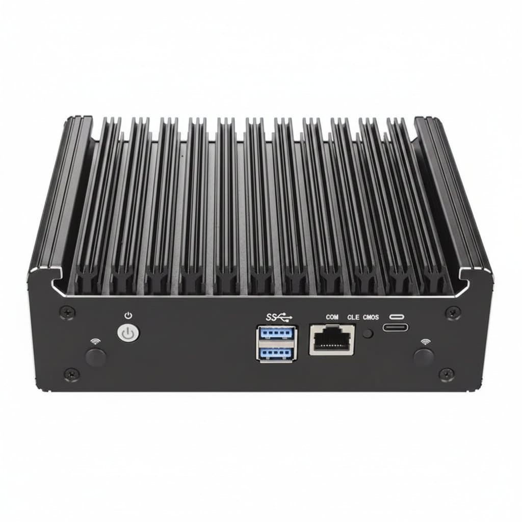 Solid Fanless Firewall Mini PC with four 2.5G LAN ports, compact aluminum chassis, and Intel N95 processor for pfSense and OPNsense.