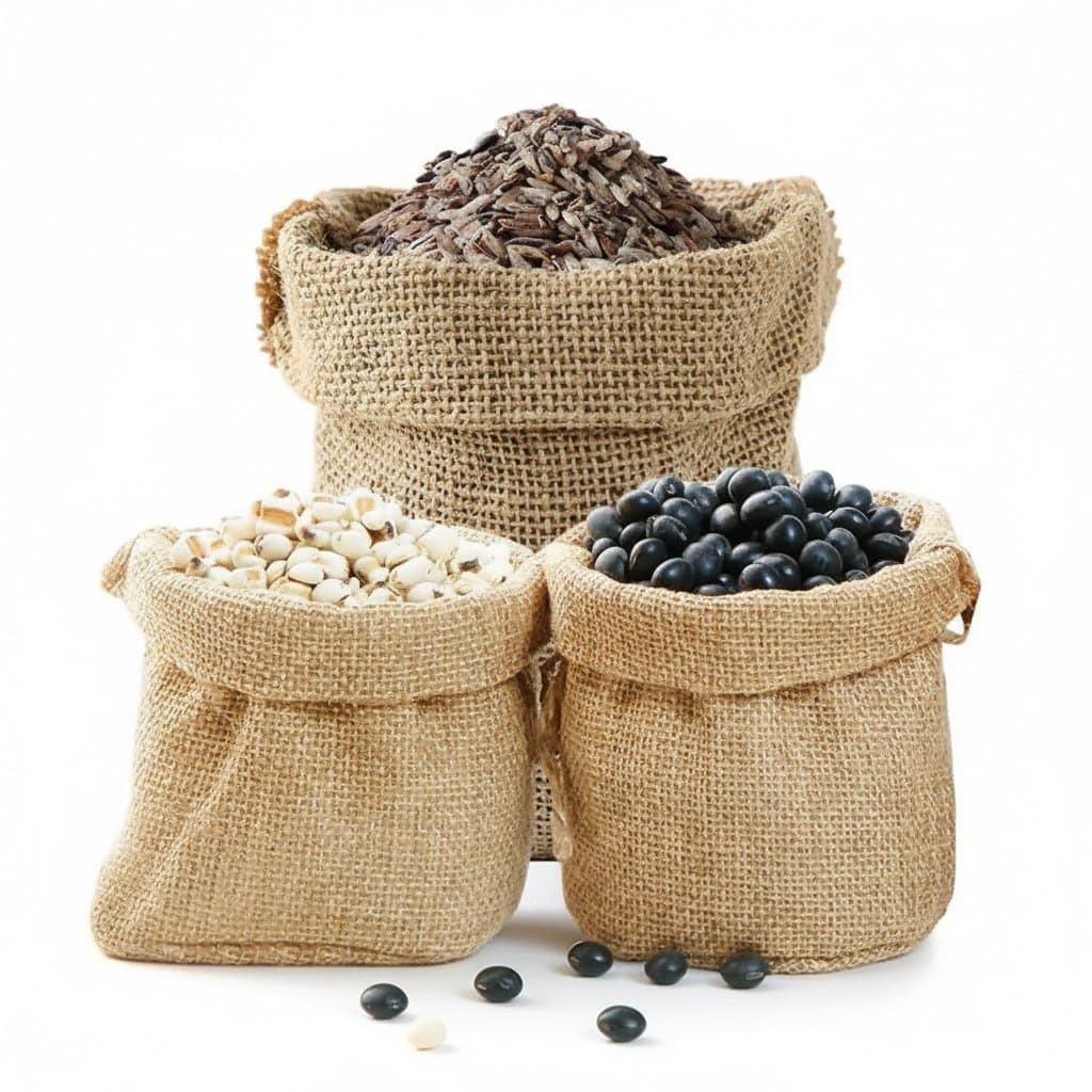 Woven rubble sack: three bags of different grains, blurred background.