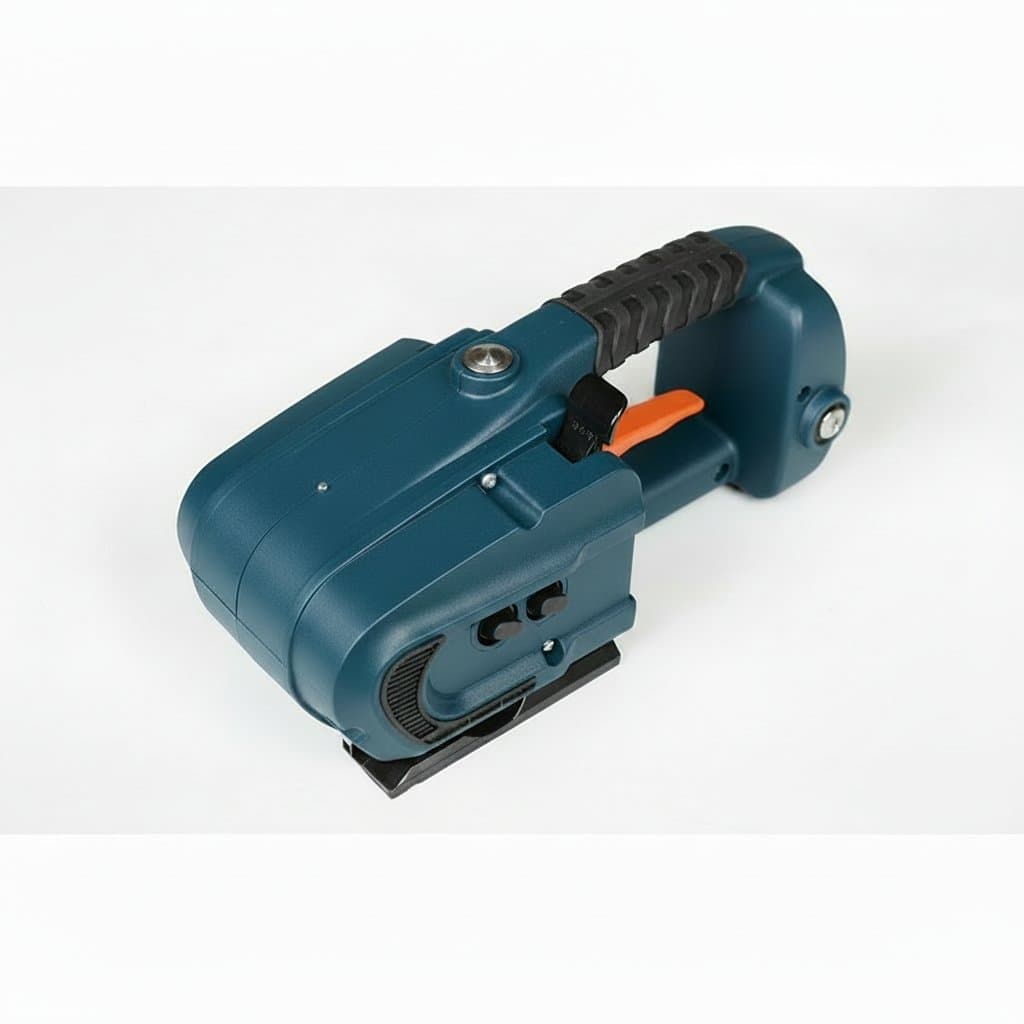 JDC13/16 Portable Electric Strapping Machine for 13mm to 16mm PET and PP bands, an automatic packaging tool on a workbench.