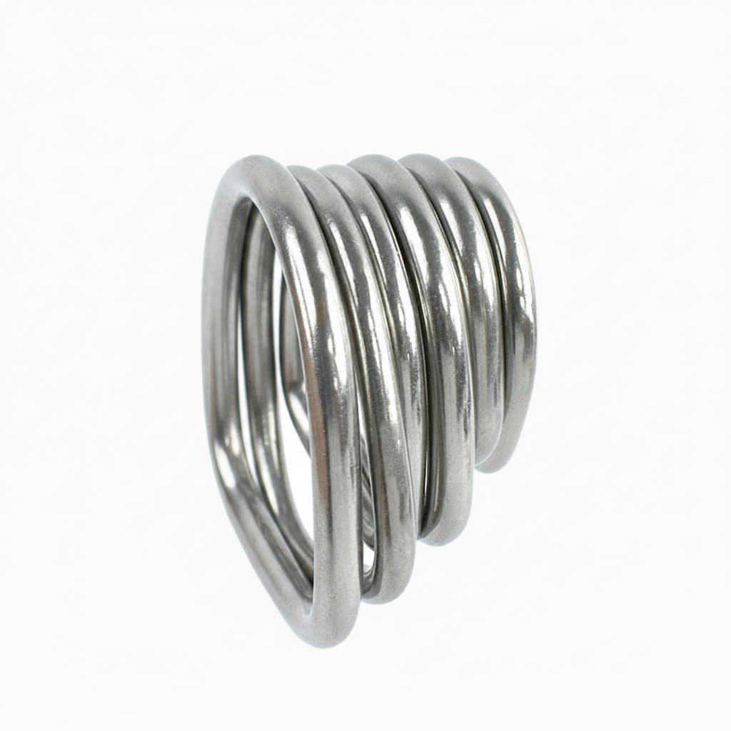Stainless steel grub screws: finger holding multiple metal rings on white.