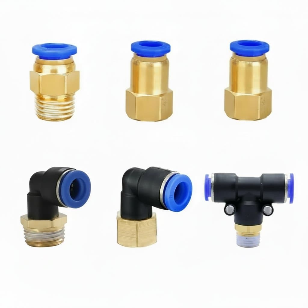 Pneumatic air connector fitting set with brass body, showing 1/8 to 1/2 inch thread sizes and quick-connect hose ends for industrial machinery.