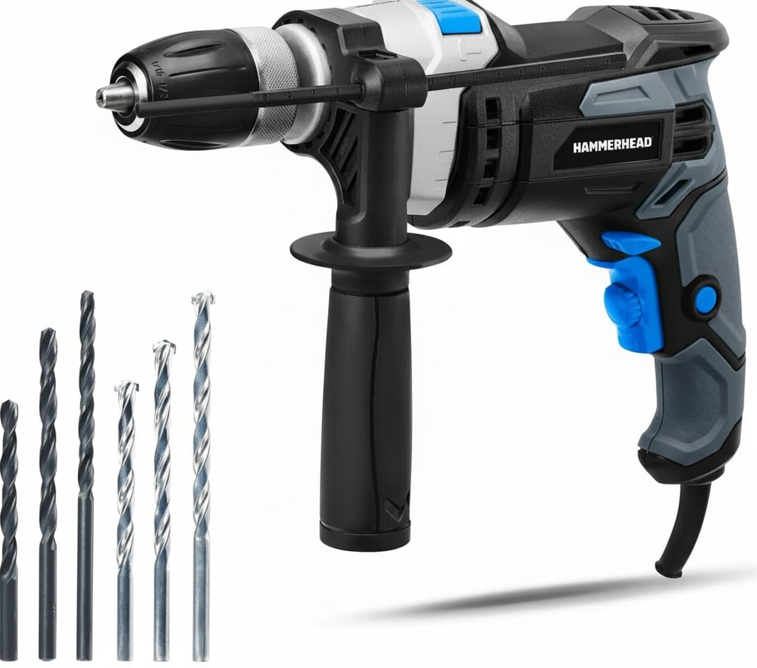 7.5-Amp 1/2 Inch Variable Speed Hammer Drill with 6 bits, a heavy-duty power tool for DIY projects on metal, wood, and masonry.