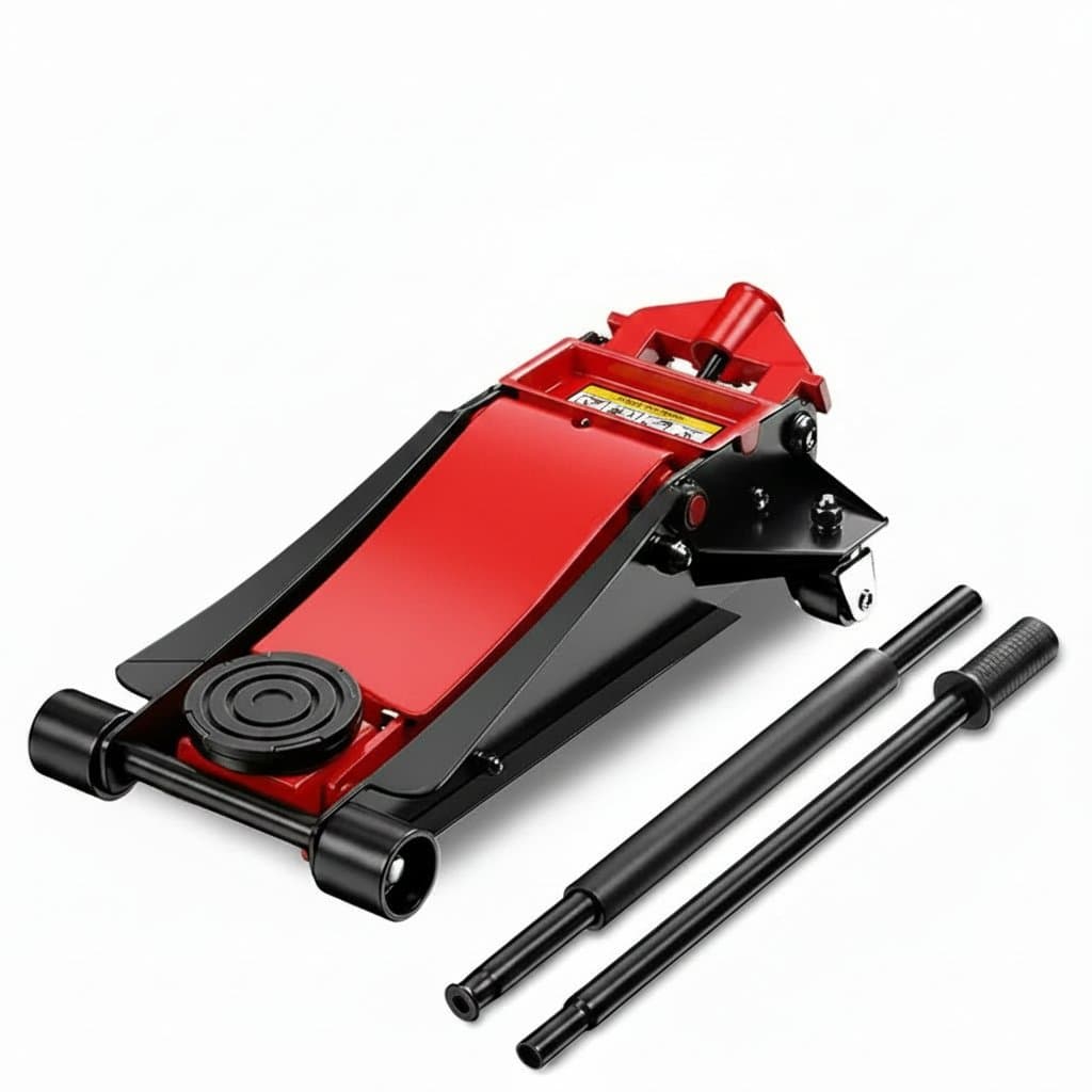 Delixi Electric Low Profile Hydraulic Jack in red, with 2/3 ton capacity, wheels, and a durable steel frame for safe vehicle lifting.