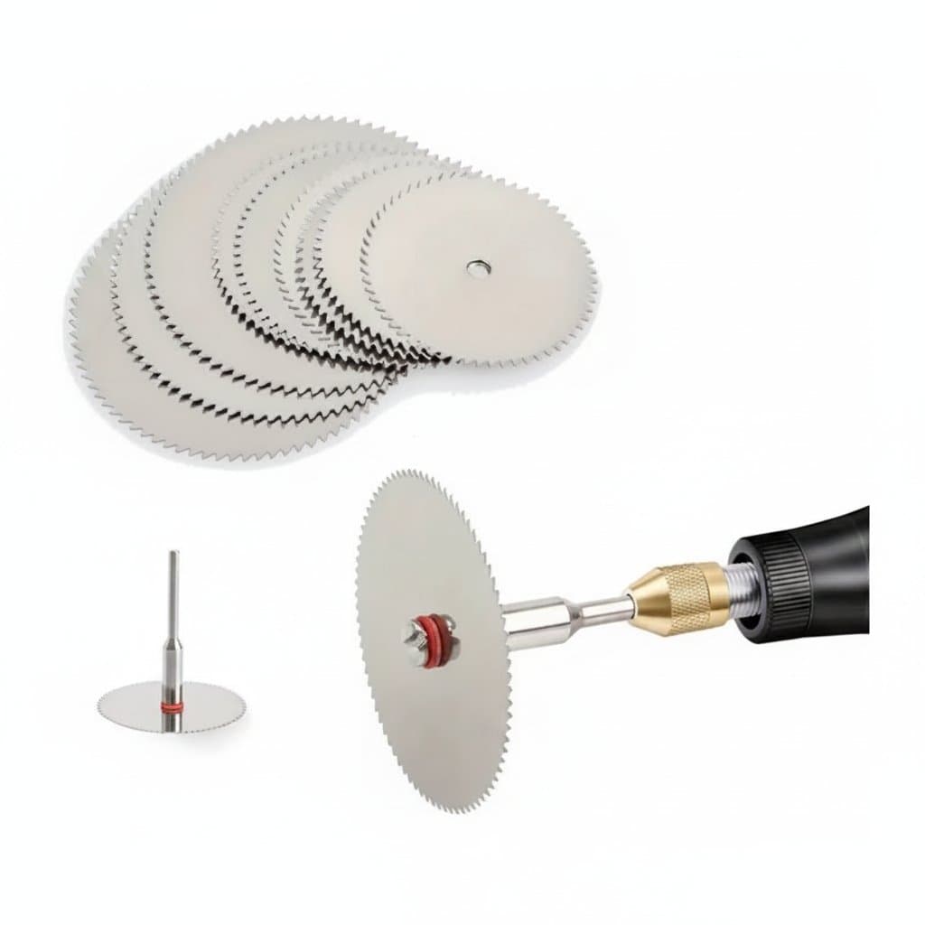11-piece mini circular saw blade set with 22mm, 25mm, and 32mm cutting discs and a storage rod for wood and metal.