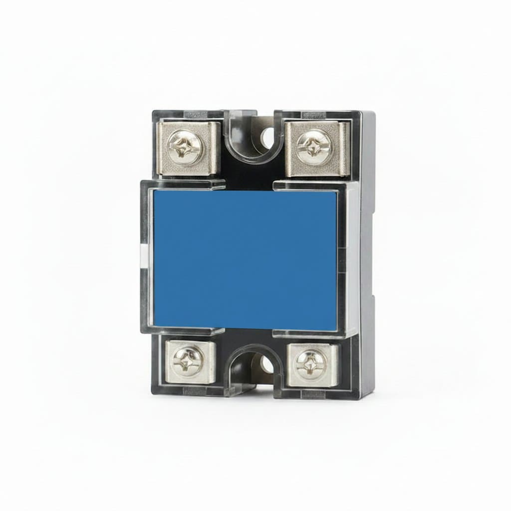 SSR-10DA 25DA 40DA solid state relay with plastic cover, a 220V AC to 3-32V DC control module for industrial machinery.