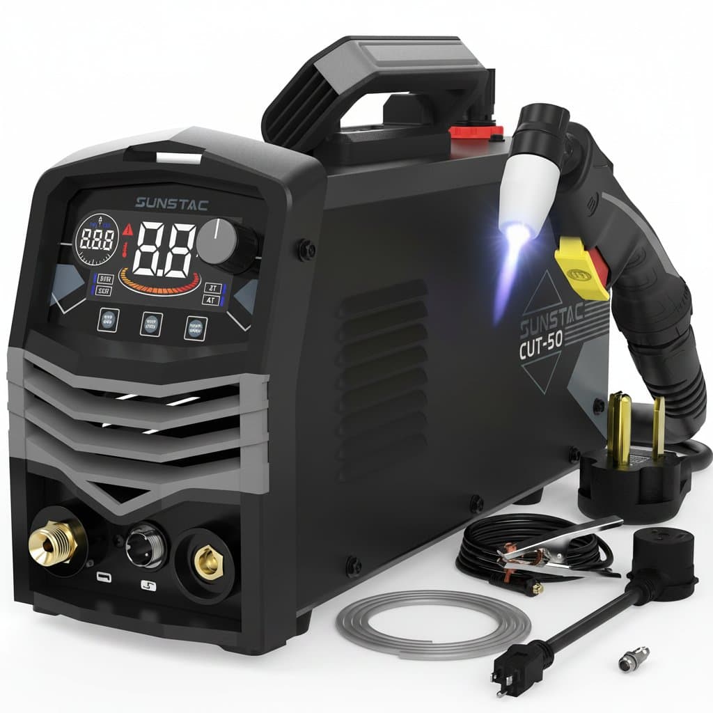 50A Plasma Cutter with 110/220V dual voltage IGBT inverter, capable of cutting metal up to 5/8 inch thick, shown on a workshop bench.