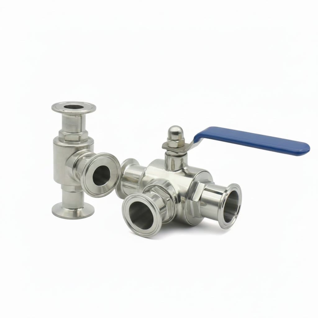 Sanitary T-Port Ball Valve with Lockshield Key, a stainless steel valve with blue handle.