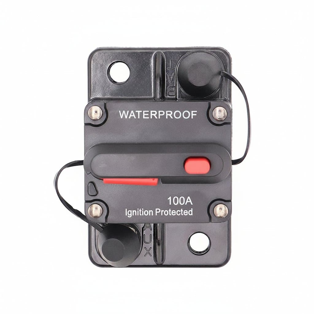 Waterproof circuit breaker for boats and cars with a 150A to 300A range and a manual reset button for easy protection.