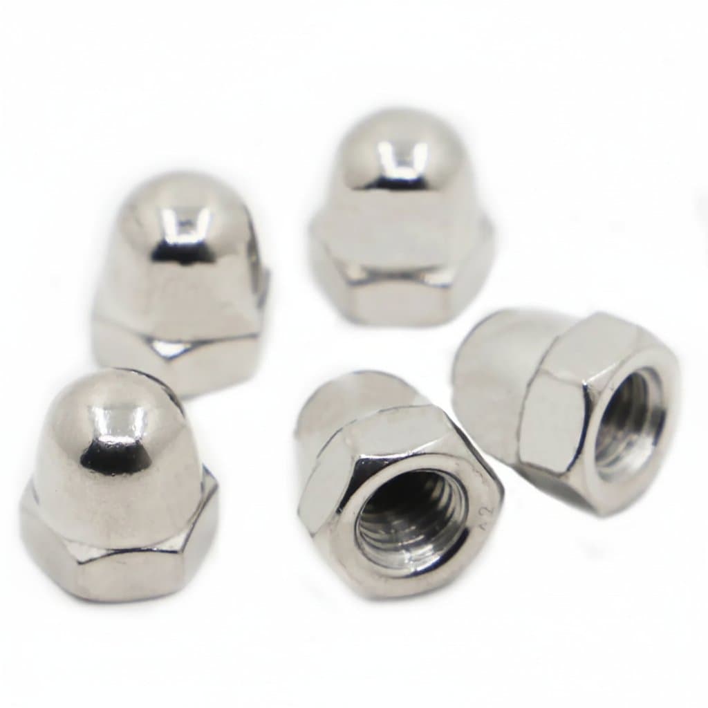 DIN1587 standard 304 stainless steel domed hex cap nuts in decorative finishes, available in sizes from M3 to M16.