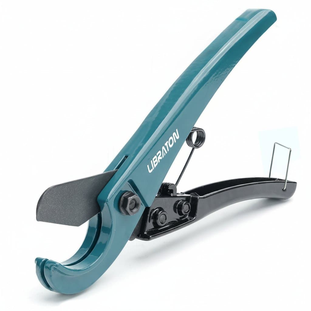 Libraton Pex Cutter tool with orange handle, cleanly cutting a 31mm PEX pipe for plumbing or DIY projects.