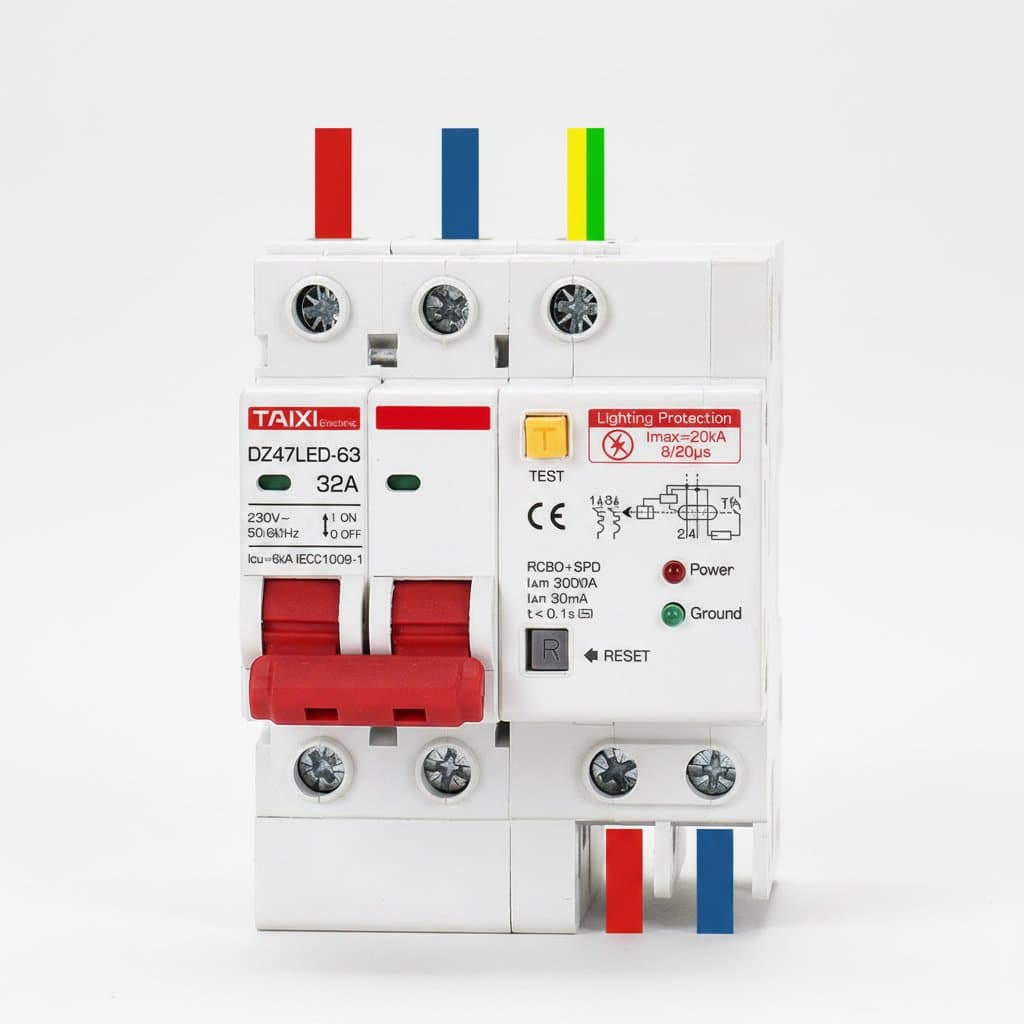 SPD Residual Current Circuit Breaker with Overload and Lightning Protection, a premium RCBO RCCB MCB device for electrical safety.