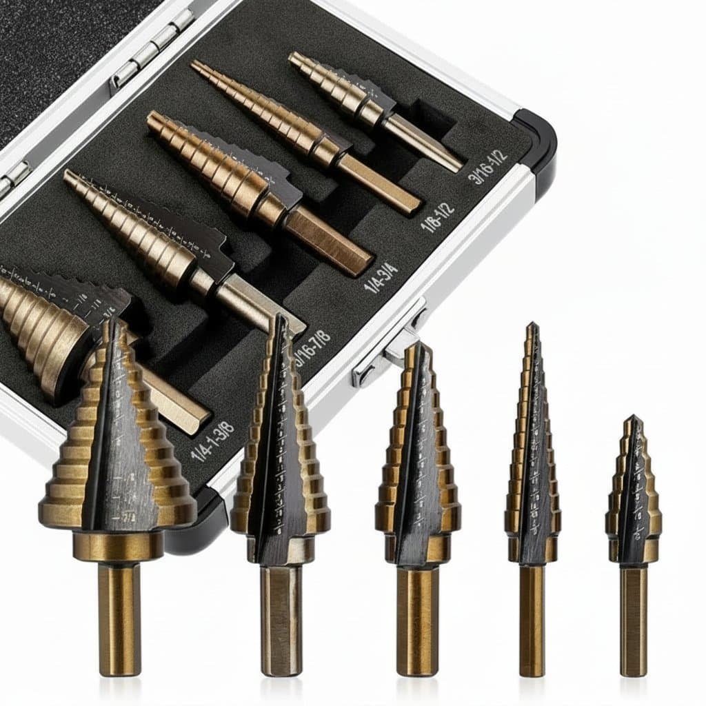 HSS 4241 Cobalt Step Drill Bit Set with 50 sizes in a durable aluminum case, for precise cone drilling in metal.