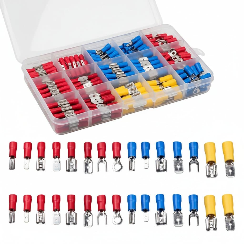 280PCS crimp connector kit with 15 types of spade terminals in 2.8mm, 4.8mm, and 6.3mm sizes for electrical wiring projects.