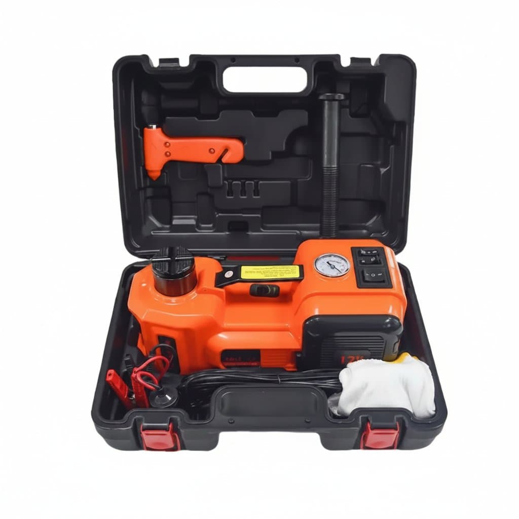 12V 5-ton electric car jack kit with hydraulic lifting, air pump, impact wrench, and tire gauge for roadside emergencies.