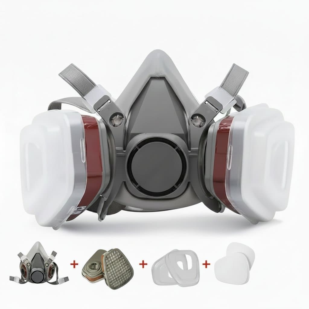 7in1 Gas Proof Half Face Mask with 6001, 2091, and 5n11 filters for chemical and organic vapor protection, shown on a mannequin.