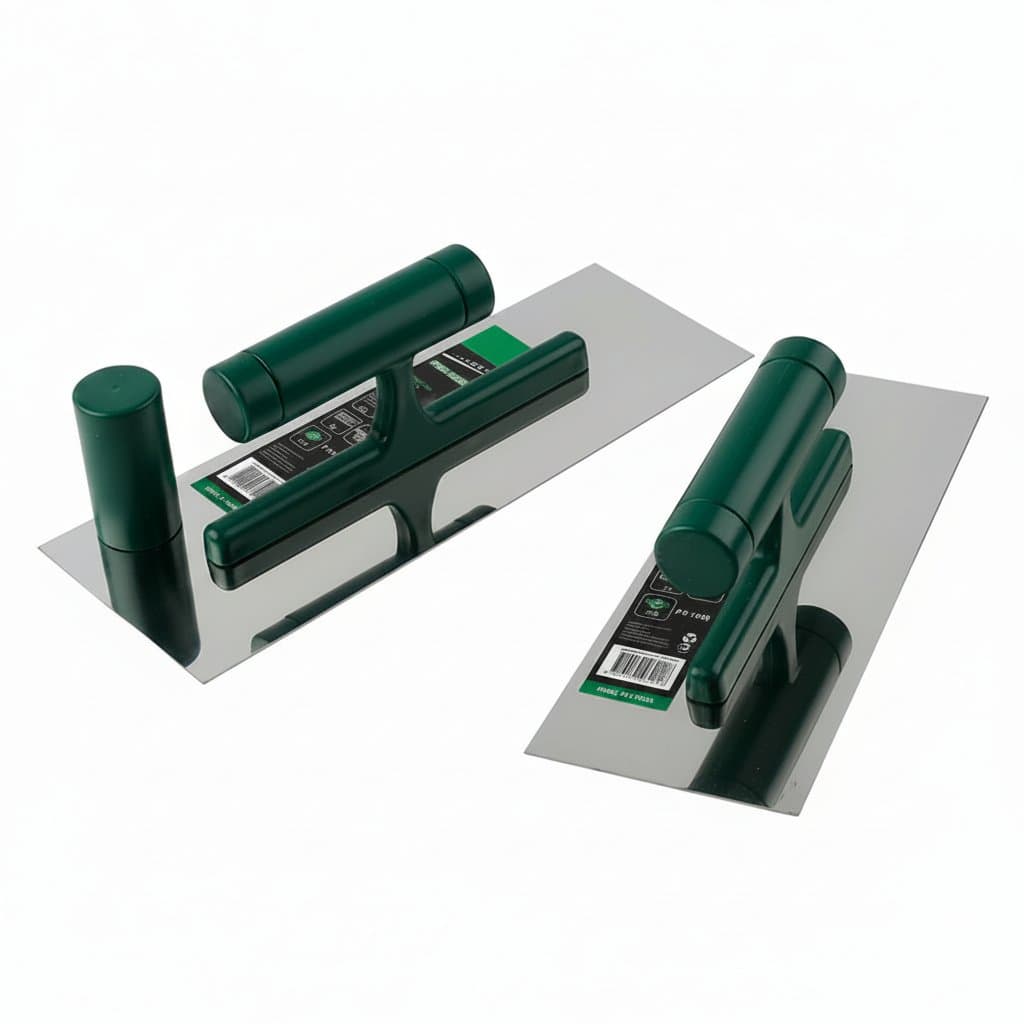 Professional stainless steel bricklaying trowel with plastic handle, a cement scraper and mud board plastering tool for construction.