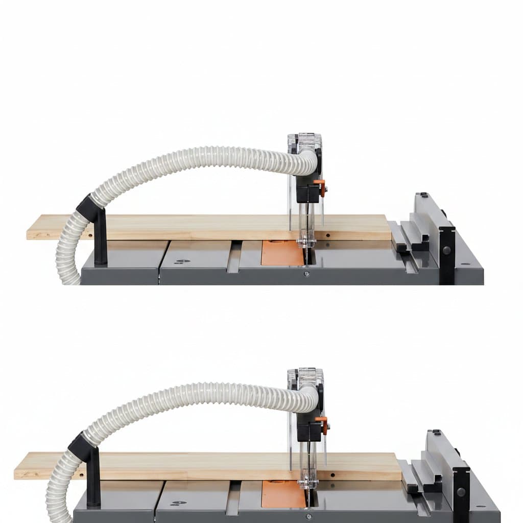 Electric table saw with 90W motor and 4500rpm speed, featuring a circular blade for cutting wood and metal on a sturdy workbench.