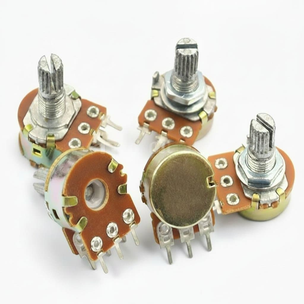WH148 15mm linear taper rotary potentiometer set with 5 resistance values and AG2 white knob for Arduino projects.