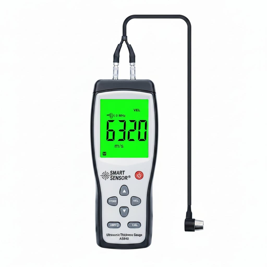 JT150 Ultrasonic Thickness Gauge digital meter on a metal surface, measuring thickness from 0.75 to 600mm for sheet metal, pipes, and glass.