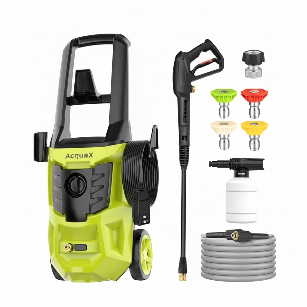 2000W electric pressure washer with 4800 PSI max pressure and 4.0 GPM flow, includes a GFCI safety plug and a 20-foot green hose.