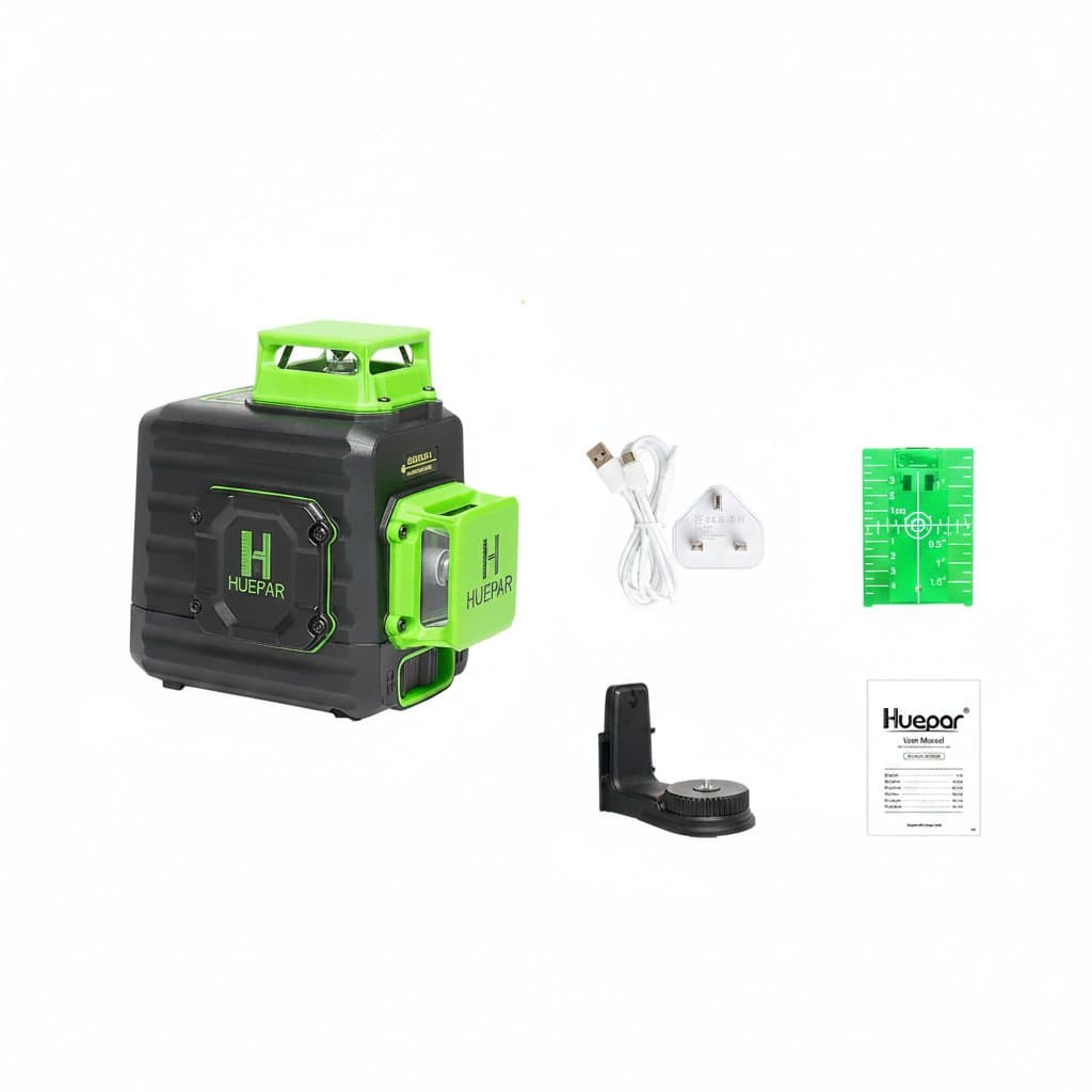 Huepar B02CG self-leveling cross-line green laser level with Li-ion battery, Type-C charging port, and included hard carry case for job site durability.