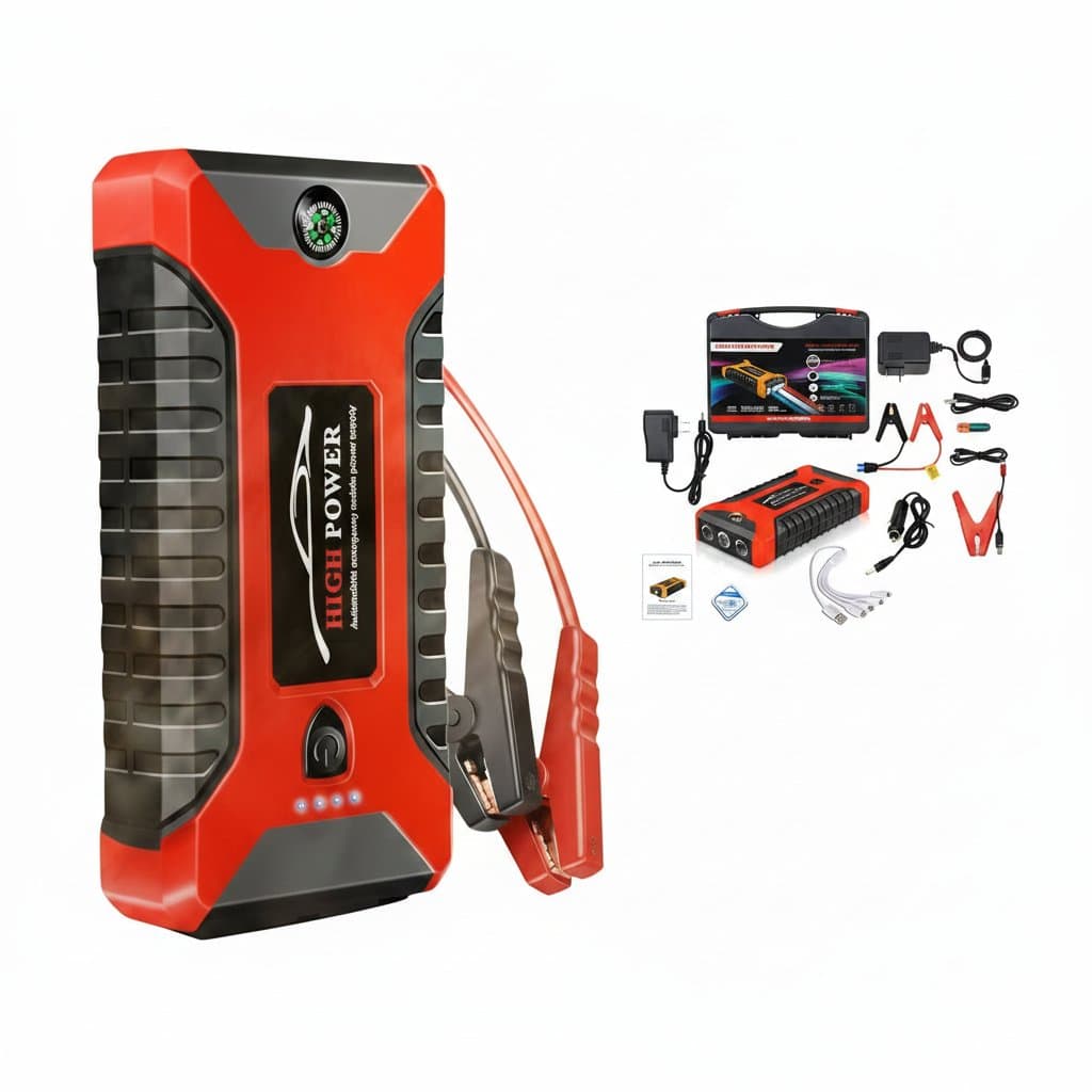 A portable car battery jump starter, a crucial emergency tool, often paired with a car AC recharge kit for roadside preparedness.